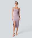 SoftlyZero™ Airy Square Neck Backless Corset Ruched Split Bodycon Midi Cool Touch Bridesmaid and Wedding Guest Dress - Pink Purple