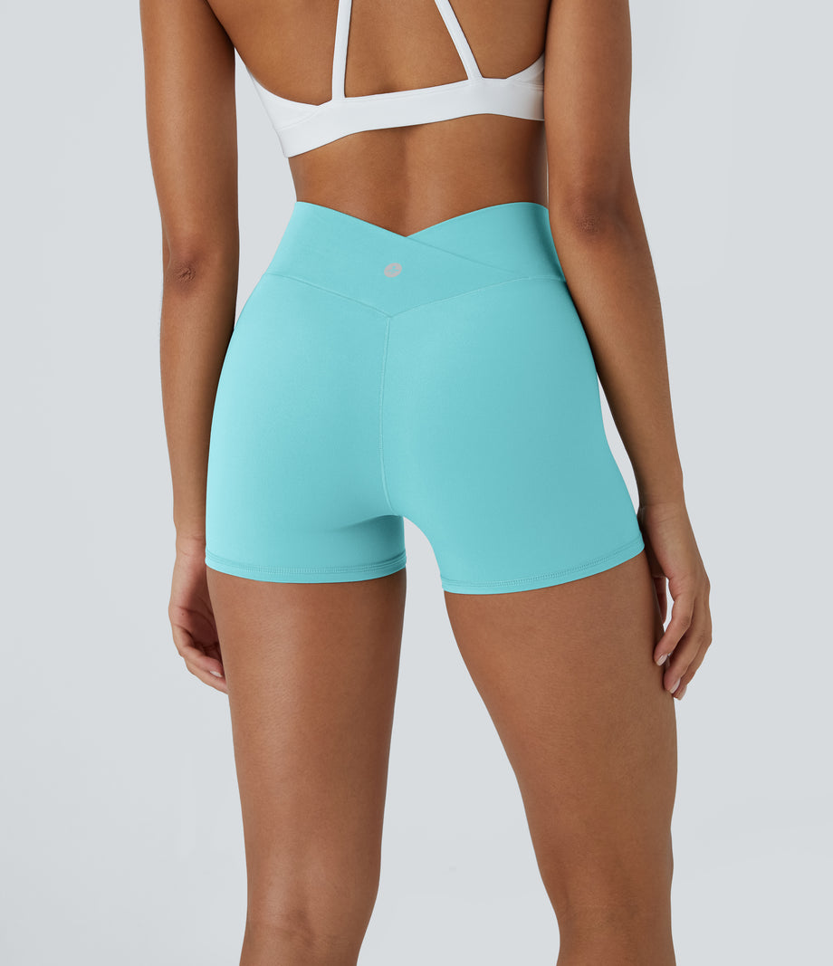 SoftlyZero™ High Waisted Crossover Plain Yoga Biker Shorts 3''-UPF50+ - Island Paradise