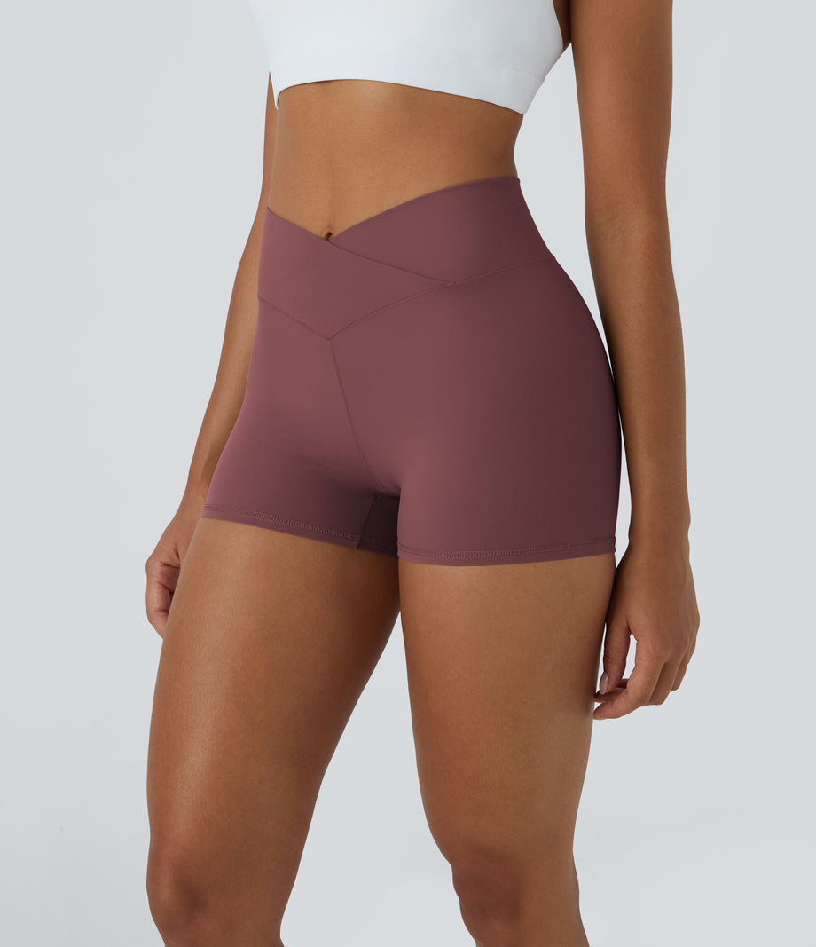 SoftlyZero™ High Waisted Crossover Plain Yoga Biker Shorts 3''-UPF50+ - Red Mahogany