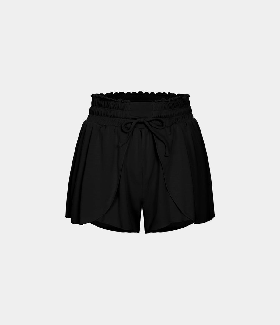 Frill High Waisted Elastic Waistband Drawstring Flowy Stacked Casual Shorts 3" - Black
