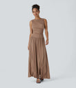 Ribbed Boat Neck Asymmetric Strap Ruched Pocket Flowy Maxi Casual Dress - Beaver Fur