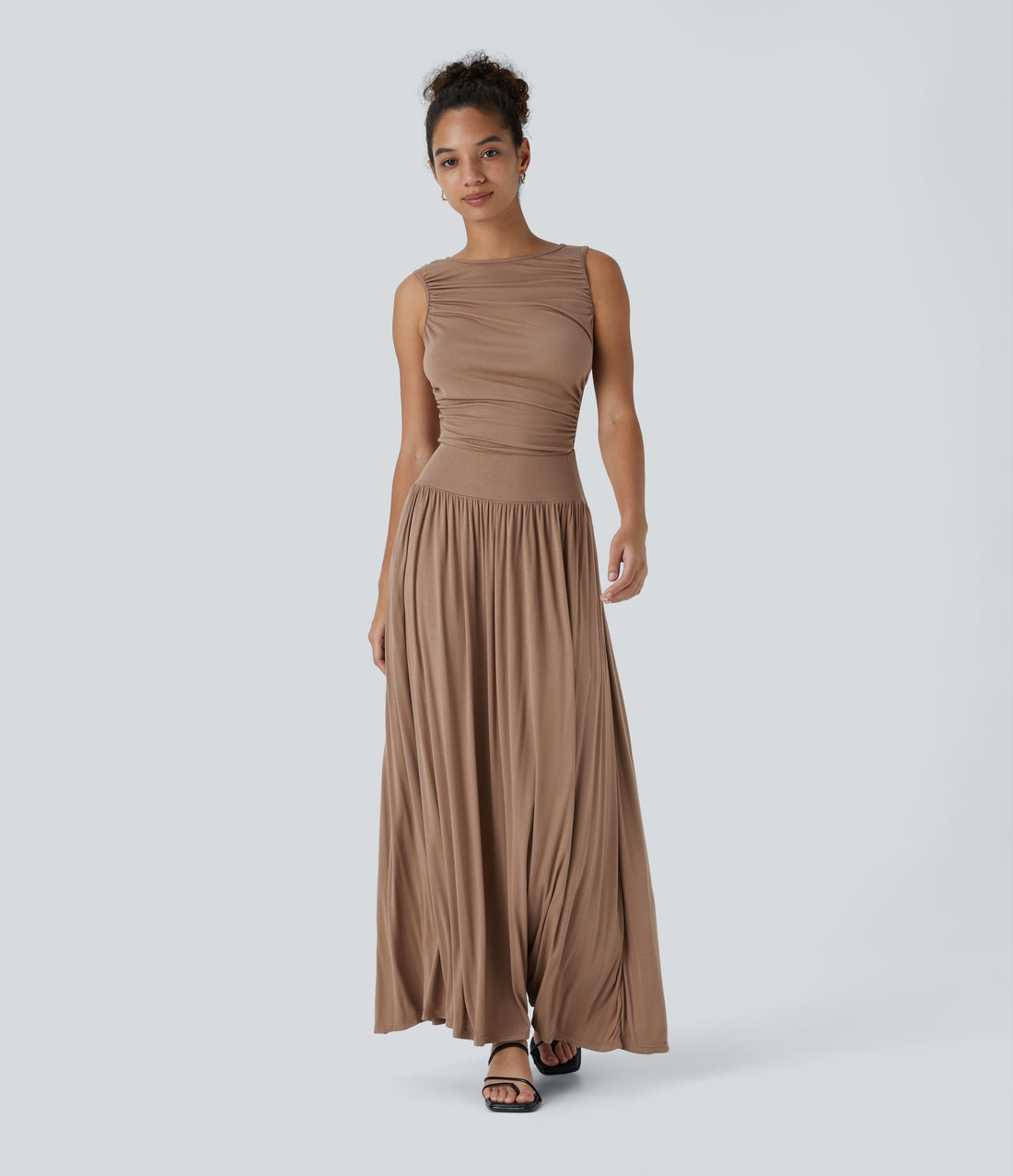 Ribbed Boat Neck Asymmetric Strap Ruched Pocket Flowy Maxi Casual Dress - Beaver Fur