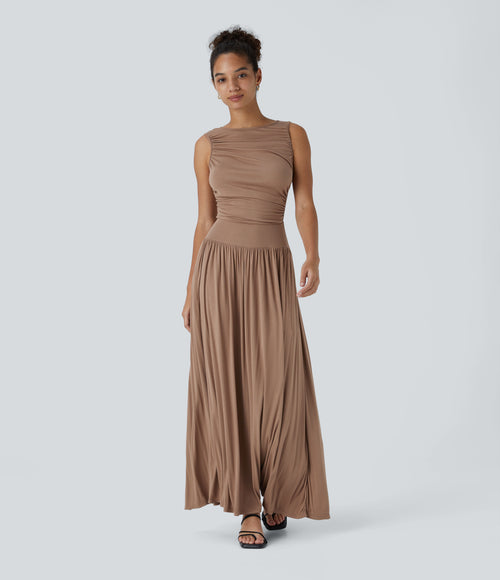 Ribbed Boat Neck Asymmetric Strap Ruched Pocket Flowy Maxi Casual Dress - Beaver Fur