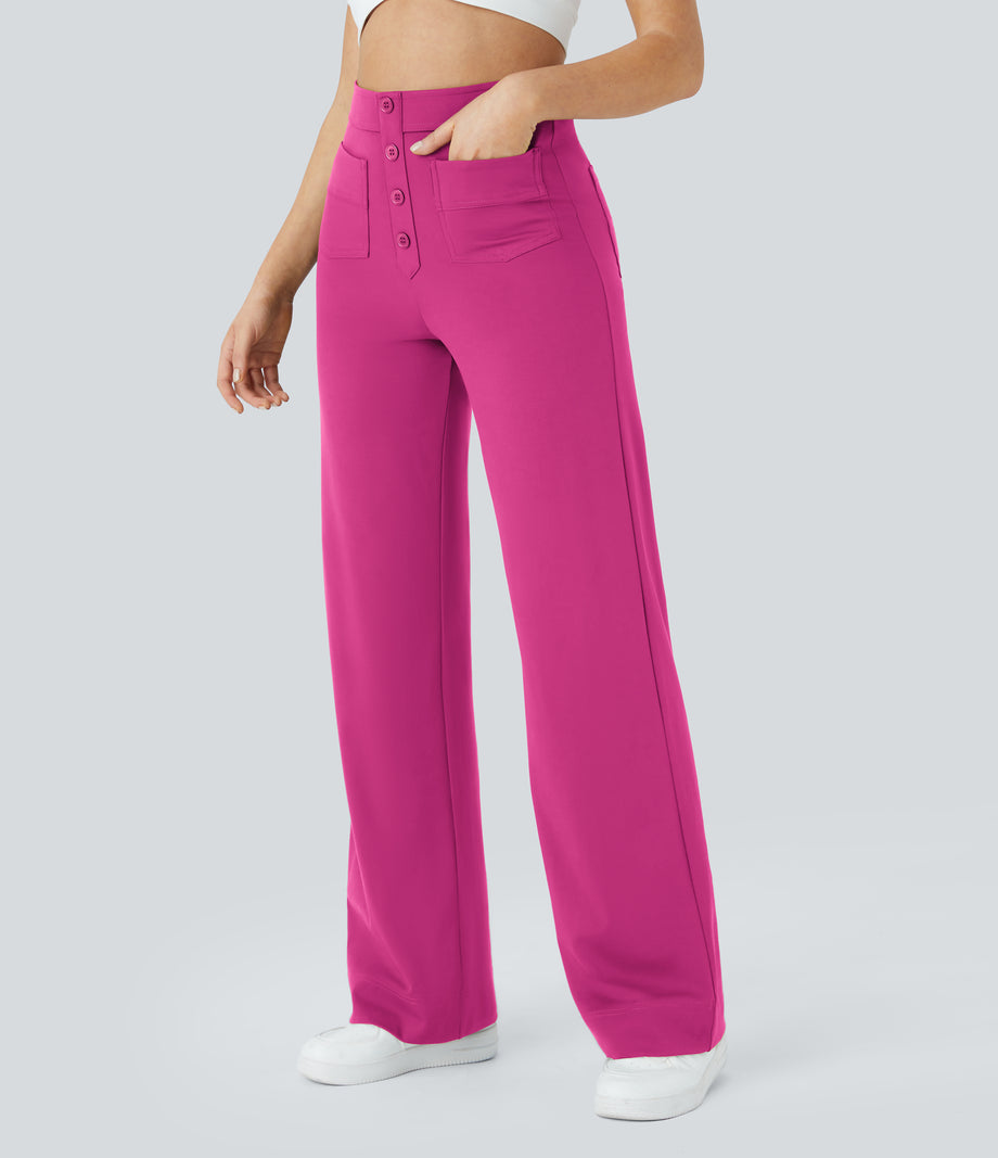 DayStretch High Waisted Pockets Straight Leg Casual Pants - Raspberry Rose