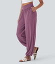 Crossover High Waisted Pocket Drawstring Casual Joggers - Red Violet Floral Yarn