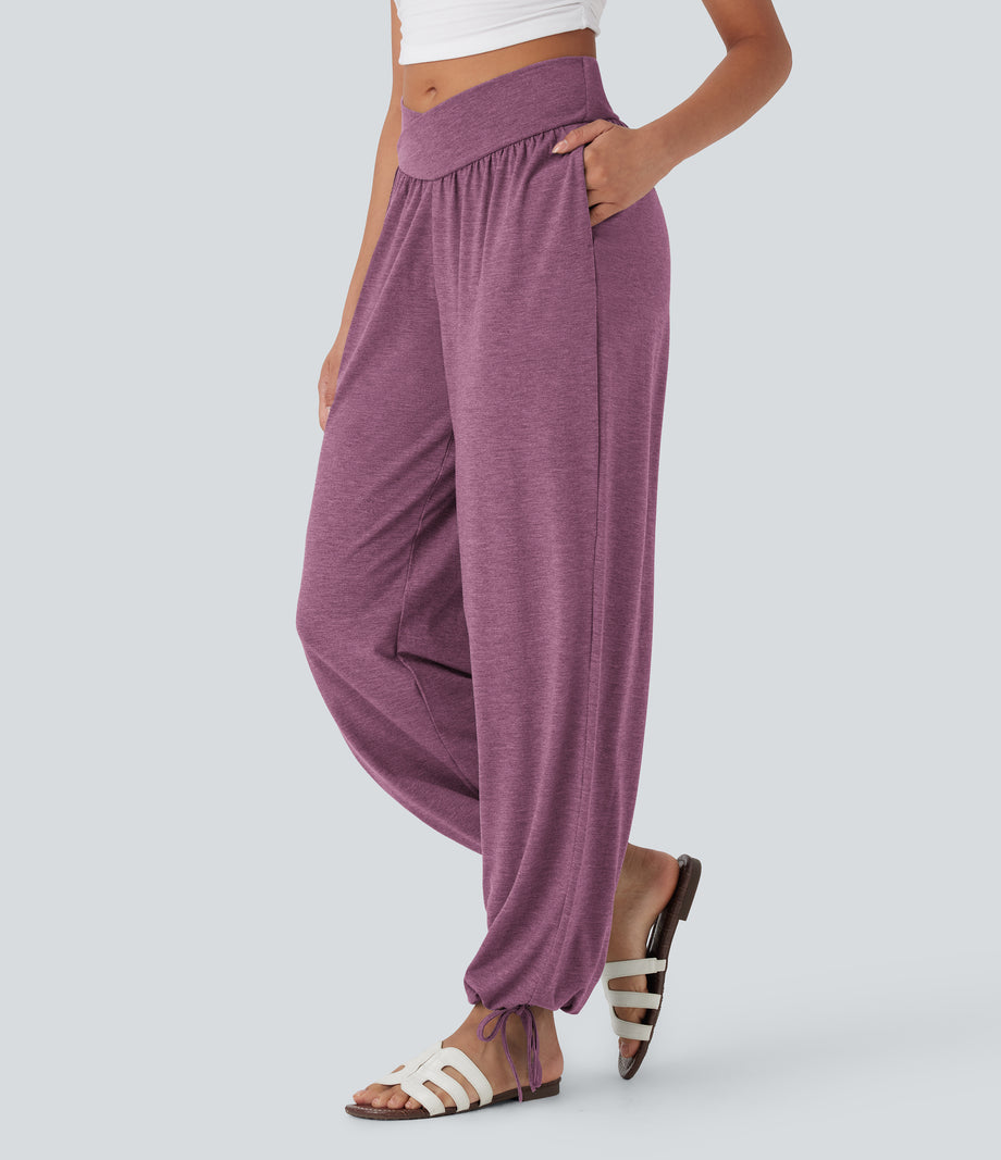 Crossover High Waisted Pocket Drawstring Casual Joggers - Red Violet Floral Yarn