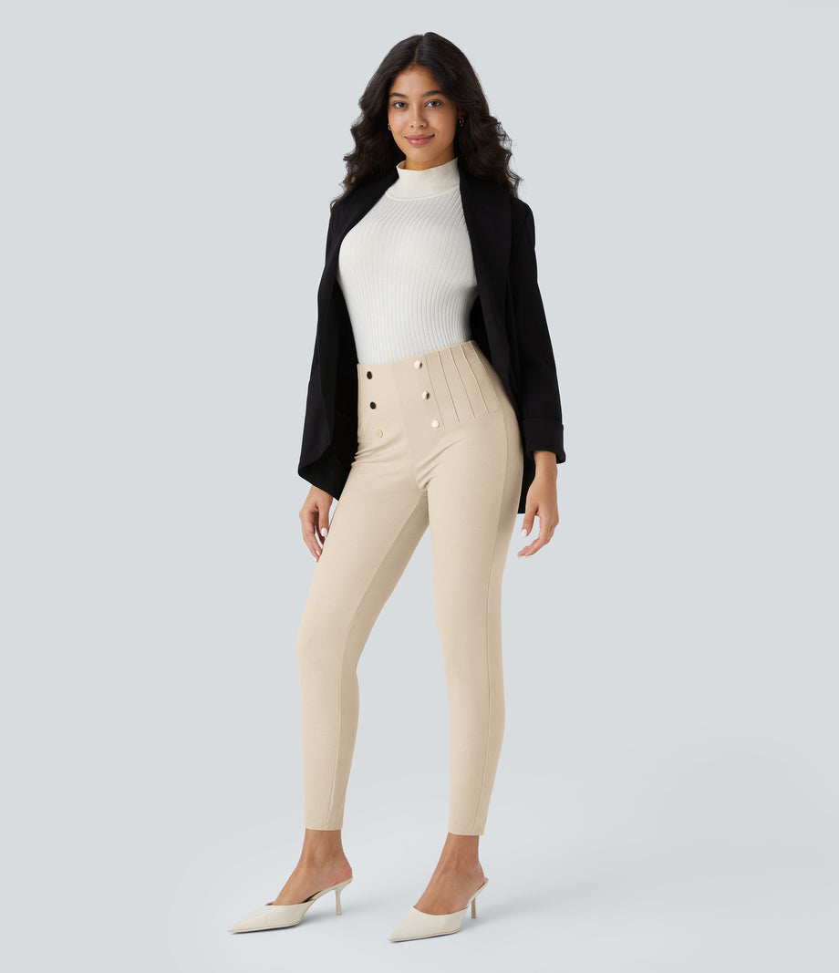 High Waisted Tummy Control Decorative Back Zipper Pockets Herringbone Work Leggings - Earthy Brown