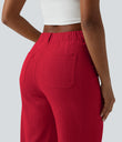 High Waisted Straight Leg Casual Linen-Feel Pants with Pockets - Cinnabar Glow Red