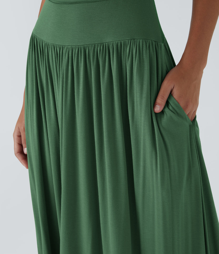Ribbed Boat Neck Asymmetric Strap Ruched Pocket Flowy Maxi Casual Dress - Dark Verdant Green