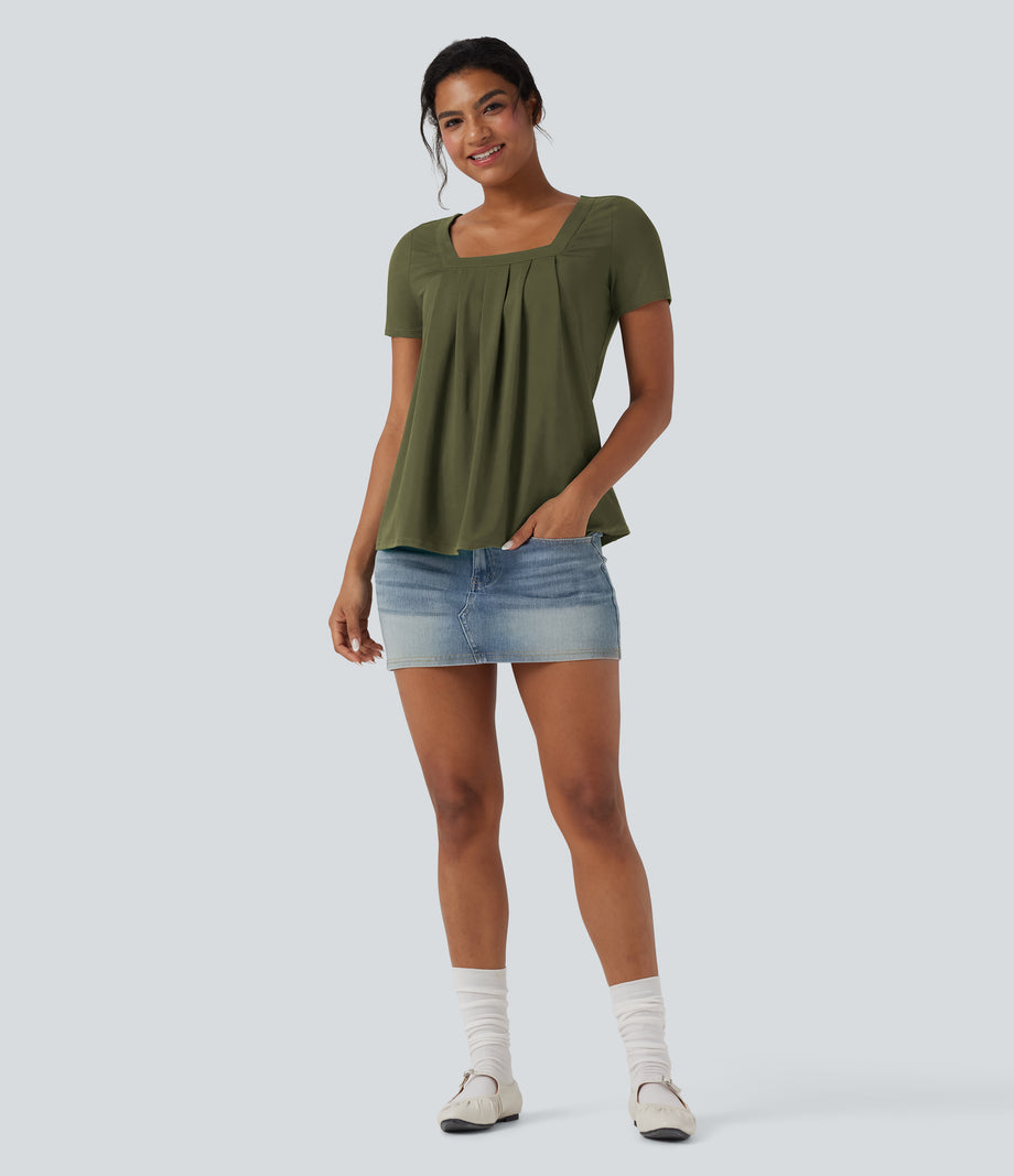Square Neck Short Sleeve Casual Top - Capulet Olive