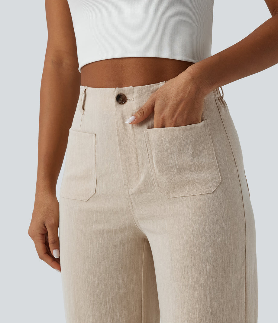 High Waisted Straight Leg Casual Linen-Feel Pants with Pockets - Dune Mirage
