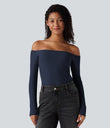 Ribbed Knit Off Shoulder Long Sleeve 2-in-1 Casual Top - Naval Academy