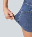 Halara Flex™ High Waisted Tummy Control Curved Hem Skinny Denim Casual Shorts with Pockets -  Blue Jasper Denim