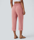 High Waisted Zipper Pocket Cropped Linen-Feel Pants - Rosette