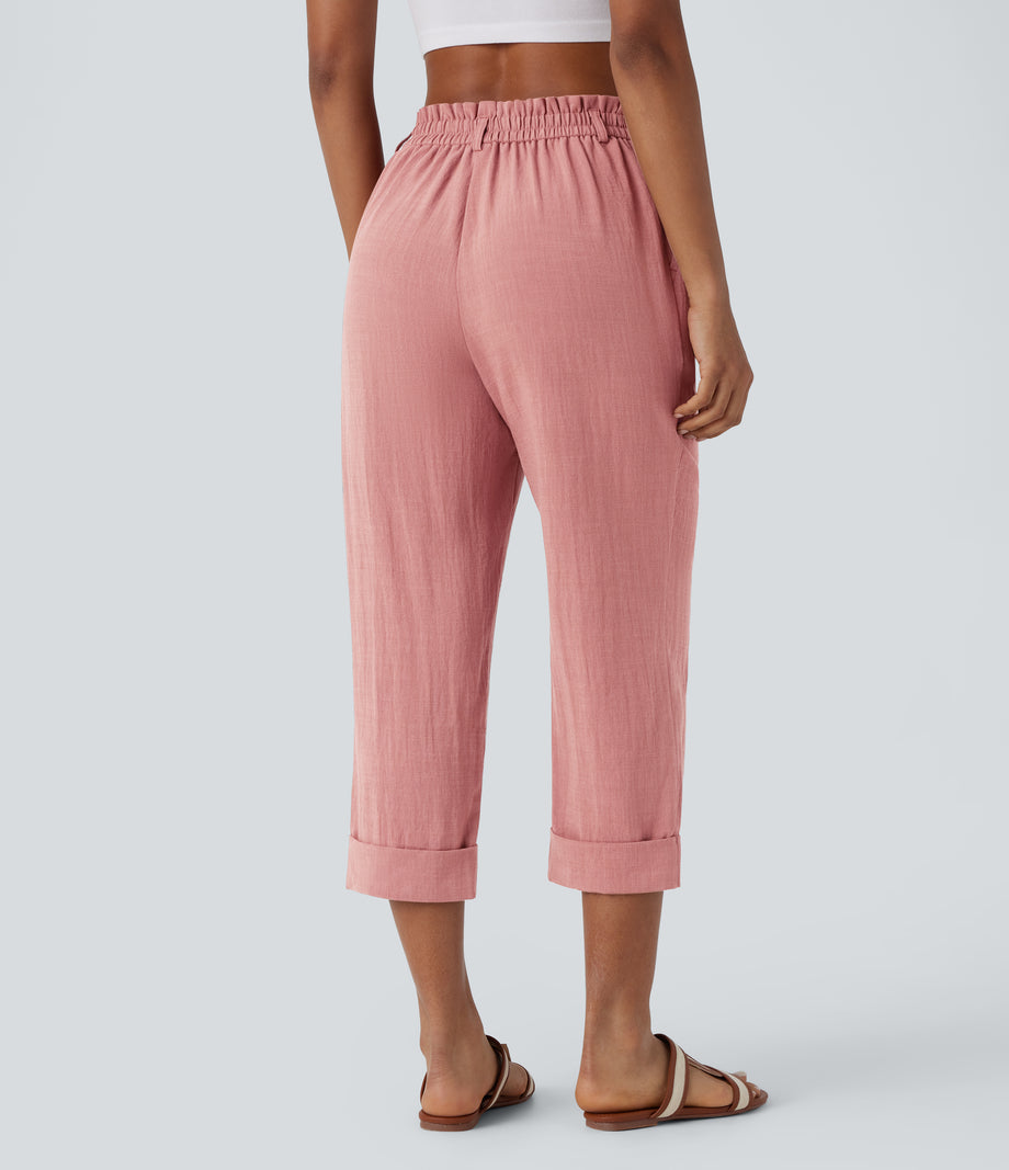 High Waisted Zipper Pocket Cropped Linen-Feel Pants - Rosette