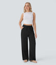 High Waisted Drawstring Pocket Wide Leg Baggy Casual Linen-Feel Pants - Black