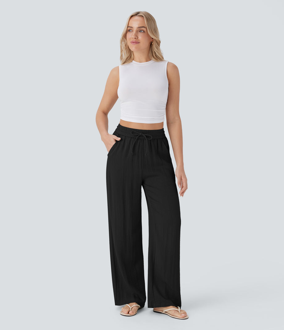 High Waisted Drawstring Pocket Wide Leg Baggy Casual Linen-Feel Pants - Black