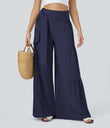 Breezeful™ High Waisted Shirred Tie Front & Back Wide Leg Flowy Quick Dry Casual Pants - Black Diamond Blue