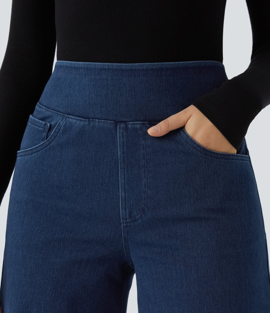 Halara Flex™ High Waisted Pockets Wide Leg Loose Work Jeans - Midnight Blue Denim