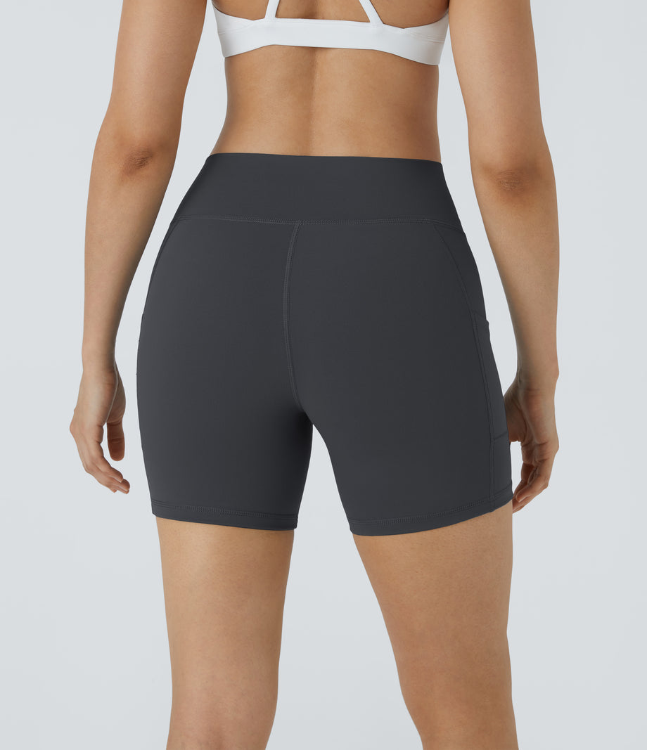High Waisted Pocket Running Biker Shorts - Asphalt