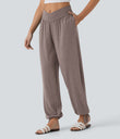 Crossover High Waisted Pocket Drawstring Casual Joggers - Deep Tea Brown Floral Yarn