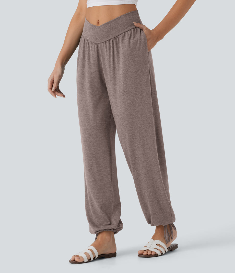Crossover High Waisted Pocket Drawstring Casual Joggers - Deep Tea Brown Floral Yarn