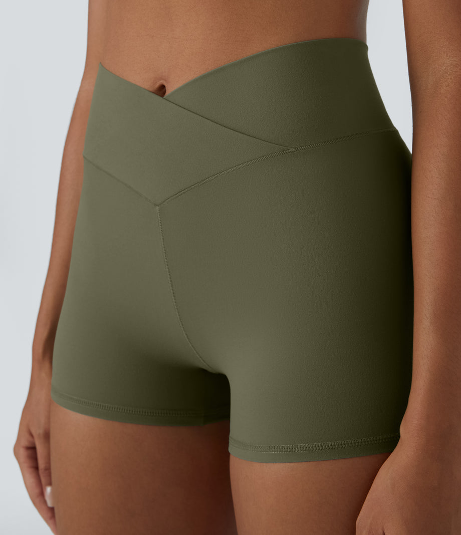 SoftlyZero™ High Waisted Crossover Plain Yoga Biker Shorts 3''-UPF50+ - Grass Grey Green