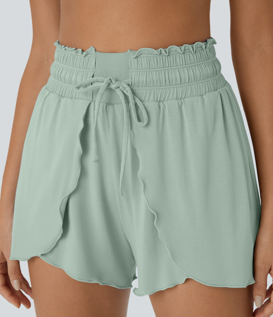 Frill High Waisted Elastic Waistband Drawstring Flowy Stacked Casual Shorts 3" - Green Lily