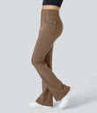 High Waisted Side Flap Pocket Flare Casual Cargo Pants - Burro
