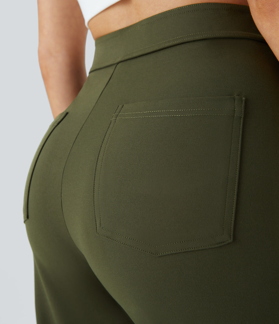 DayStretch High Waisted Pockets Straight Leg Casual Pants - Forest Night