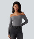 Ribbed Knit Off Shoulder Long Sleeve 2-in-1 Casual Top - Gray Quill
