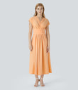 Breezeful™ V Neck Short Sleeve Pocket Tie Back Quick Dry Midi Casual Dress-Longer Length - Peach Orange