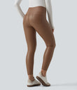 High Waisted Tummy Control Stretchy PU Fleece 7/8 Skinny Casual Leggings with Pockets - Argan Oil