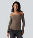 Ribbed Knit Off Shoulder Long Sleeve 2-in-1 Casual Top - Shitake
