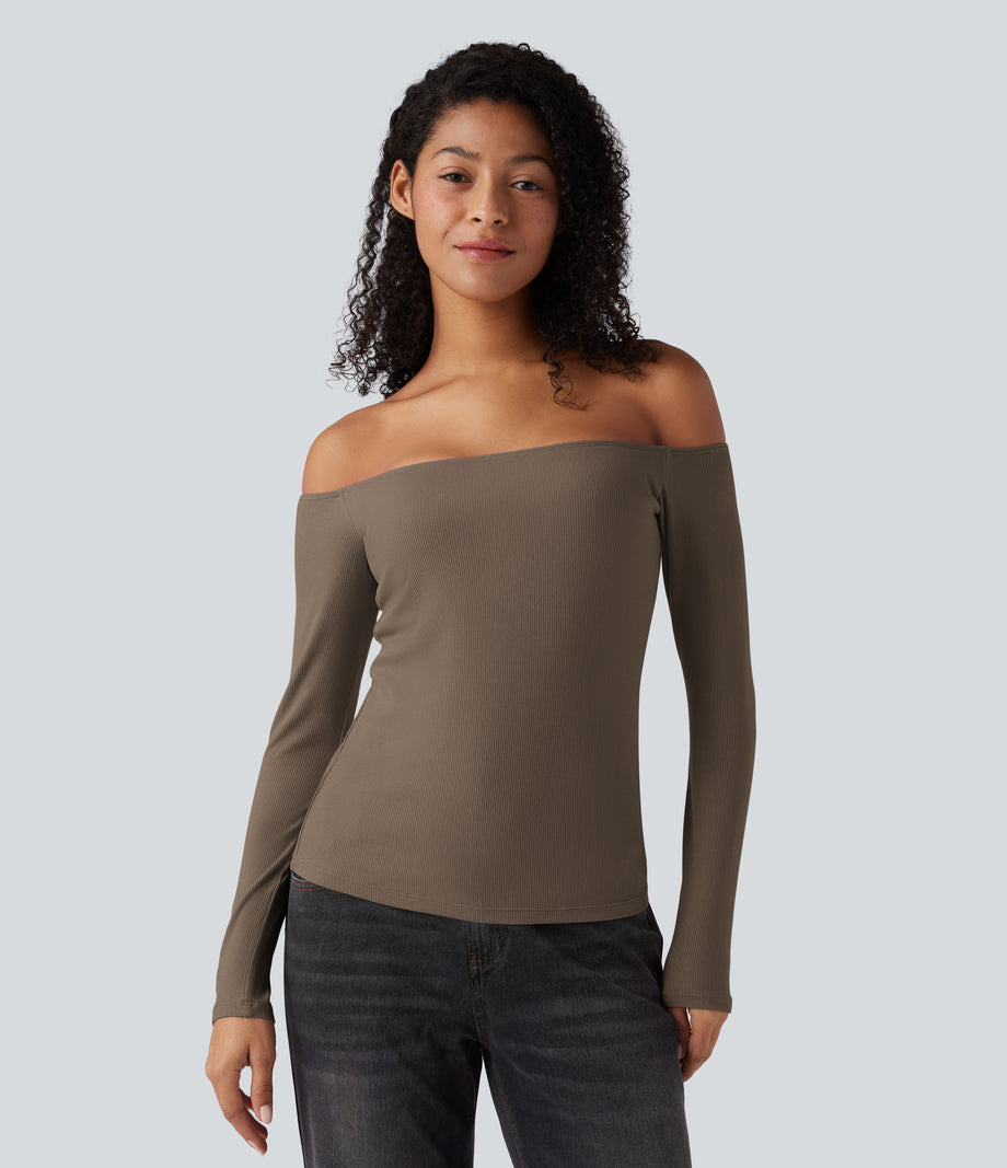 Ribbed Knit Off Shoulder Long Sleeve 2-in-1 Casual Top - Shitake