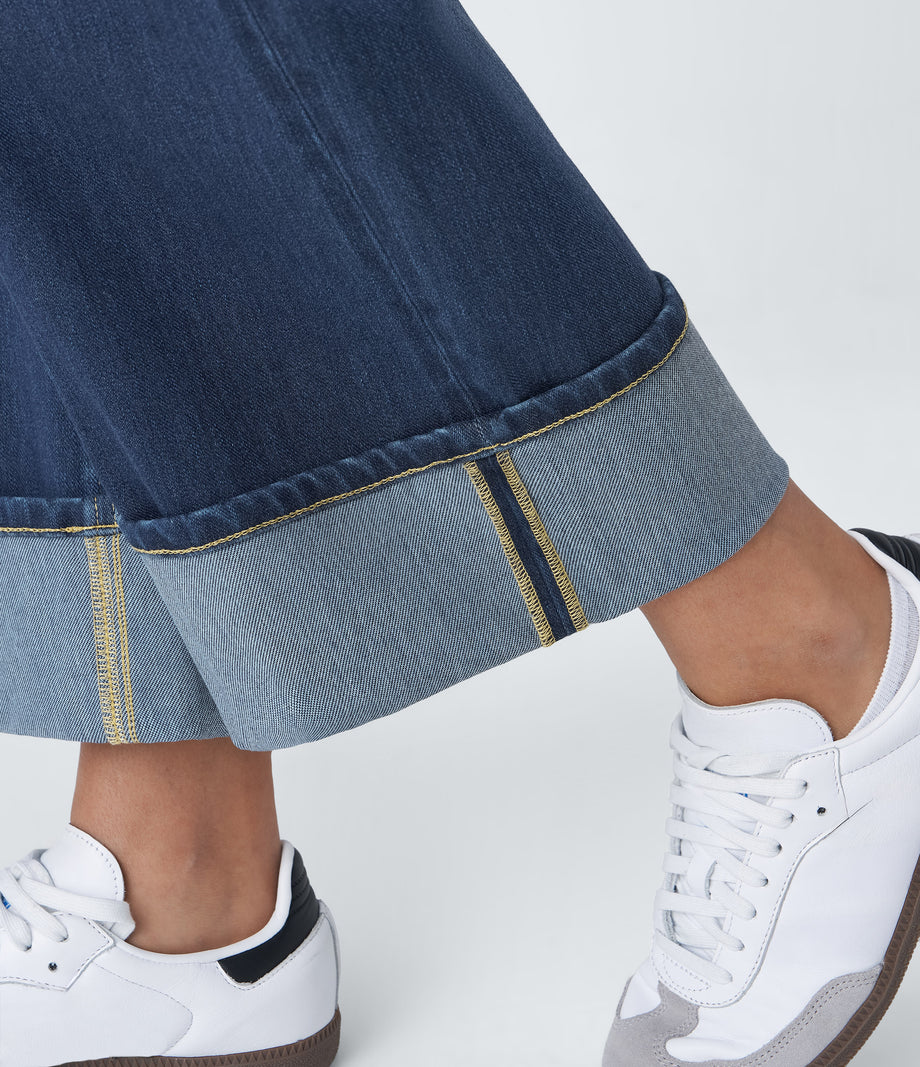 Halara Flex™ High Waisted Pockets Rolled Hem Wide Leg Washed Casual Jeans - Paint Blue Denim