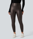 High Waisted Stretchy PU Fleece Casual Leggings with Pockets - Java