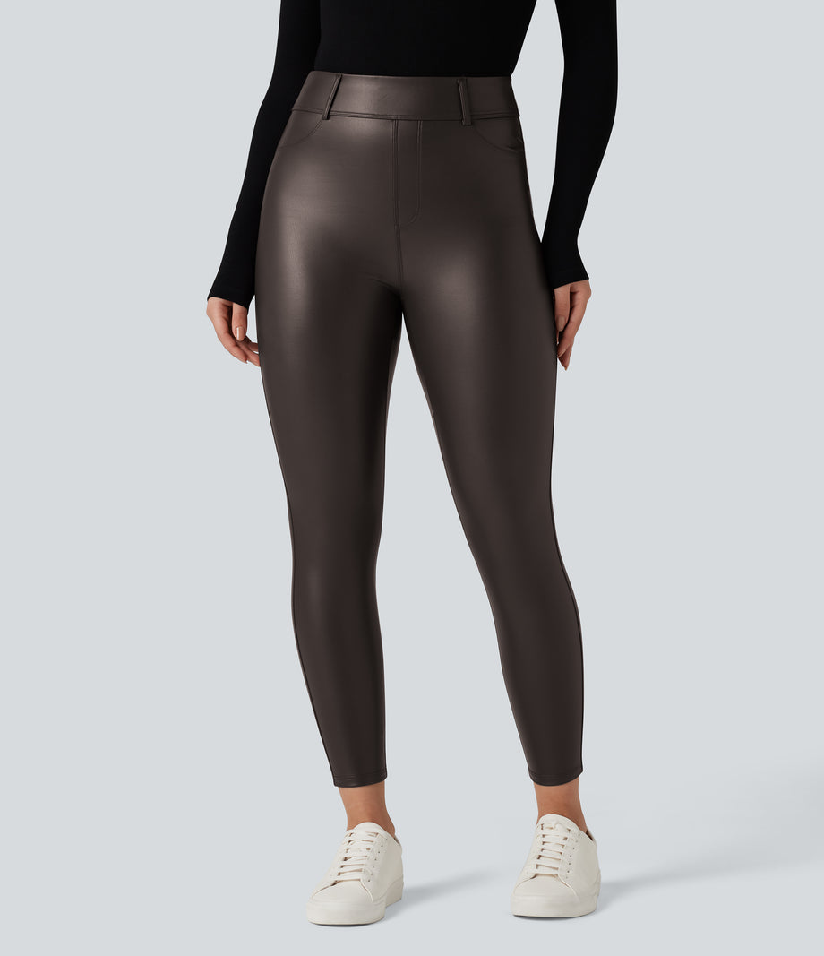 High Waisted Stretchy PU Fleece Casual Leggings with Pockets - Java
