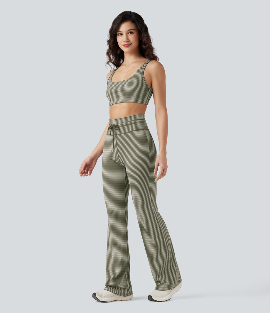 High Waisted Drawstring Stripe Flare Yoga Pants with Pockets - Camo Olive Green