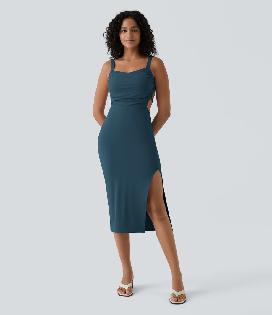 Ruched Lace Up Bodycon Midi Casual Dress - Majolica Blue