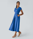 Breezeful™ V Neck Short Sleeve Pocket Tie Back Quick Dry Midi Casual Dress-Longer Length - Nebulas Blue