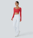 Ribbed Halter Strap Thumb Hole Cropped Yoga Sports Top - Tomato