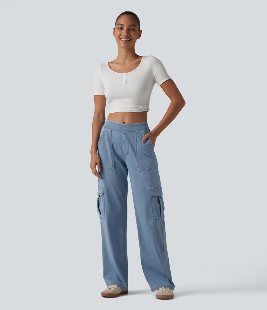 Halara Flex™ Mid Rise Pockets Straight Leg Casual Cargo Jeans - Light Blue – Glacier Light Blue