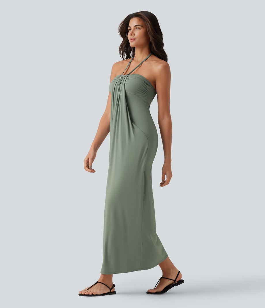 Halter Tie Back Maxi Dress with Pockets - Asparagus