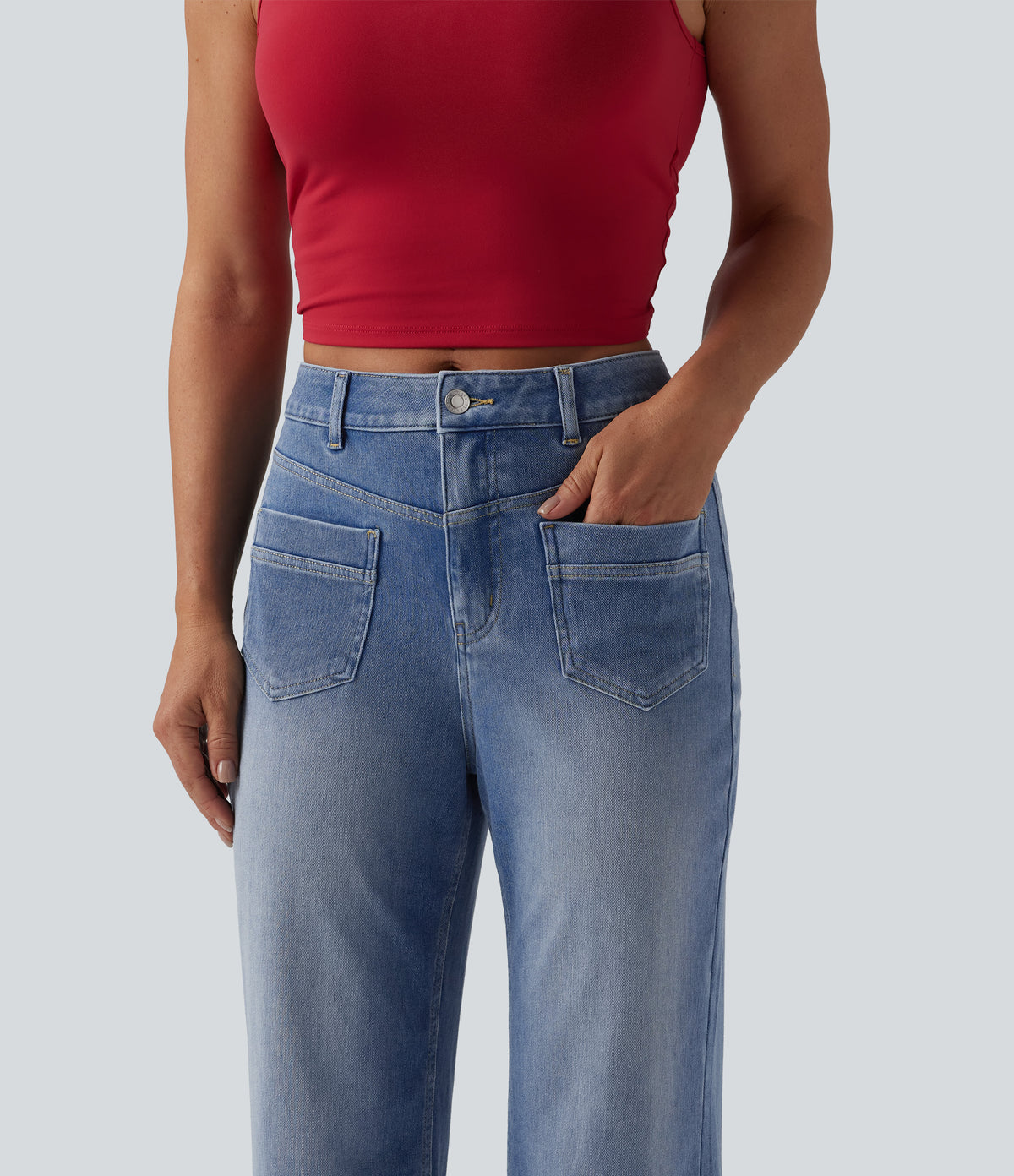 Halara Flex™ Mid Rise Straight Leg Casual Jeans with Pockets - Powder Blue Denim