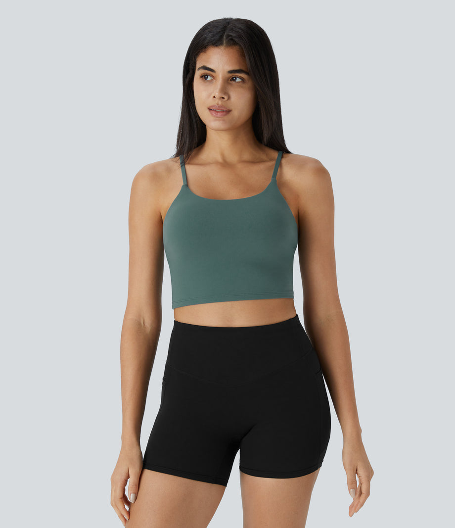 Basic Padded Workout Cropped Low Support Tank Top A-D Cups - Blue Spruce