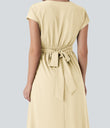 Breezeful™ V Neck Short Sleeve Pocket Tie Back Quick Dry Midi Casual Dress - Afterglow