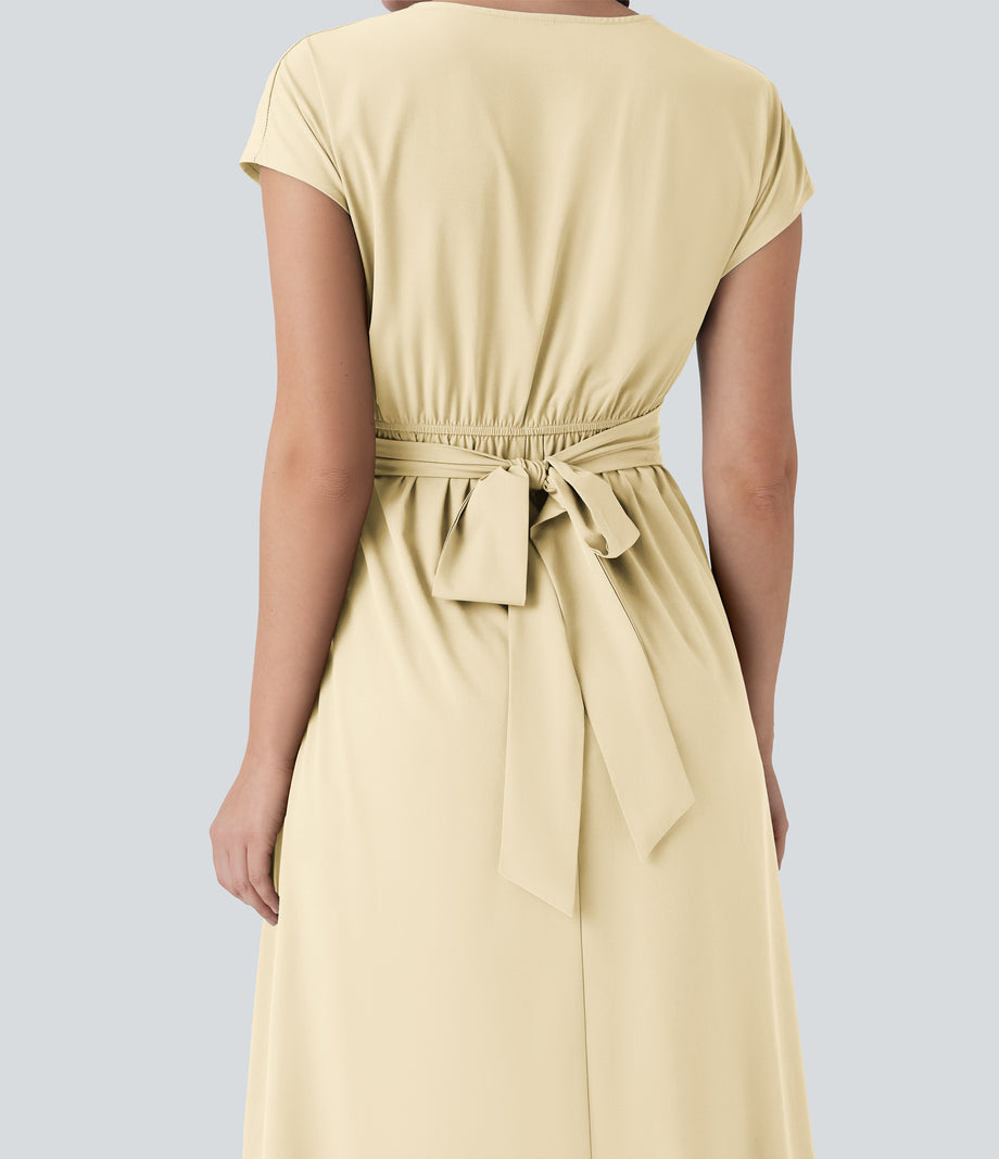 Breezeful™ V Neck Short Sleeve Pocket Tie Back Quick Dry Midi Casual Dress - Afterglow