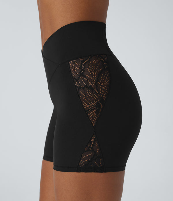 SoftlyZero™ High Waisted Crossover Contrast Lace Pocket Yoga Biker Shorts 5''-UPF50+ - Black