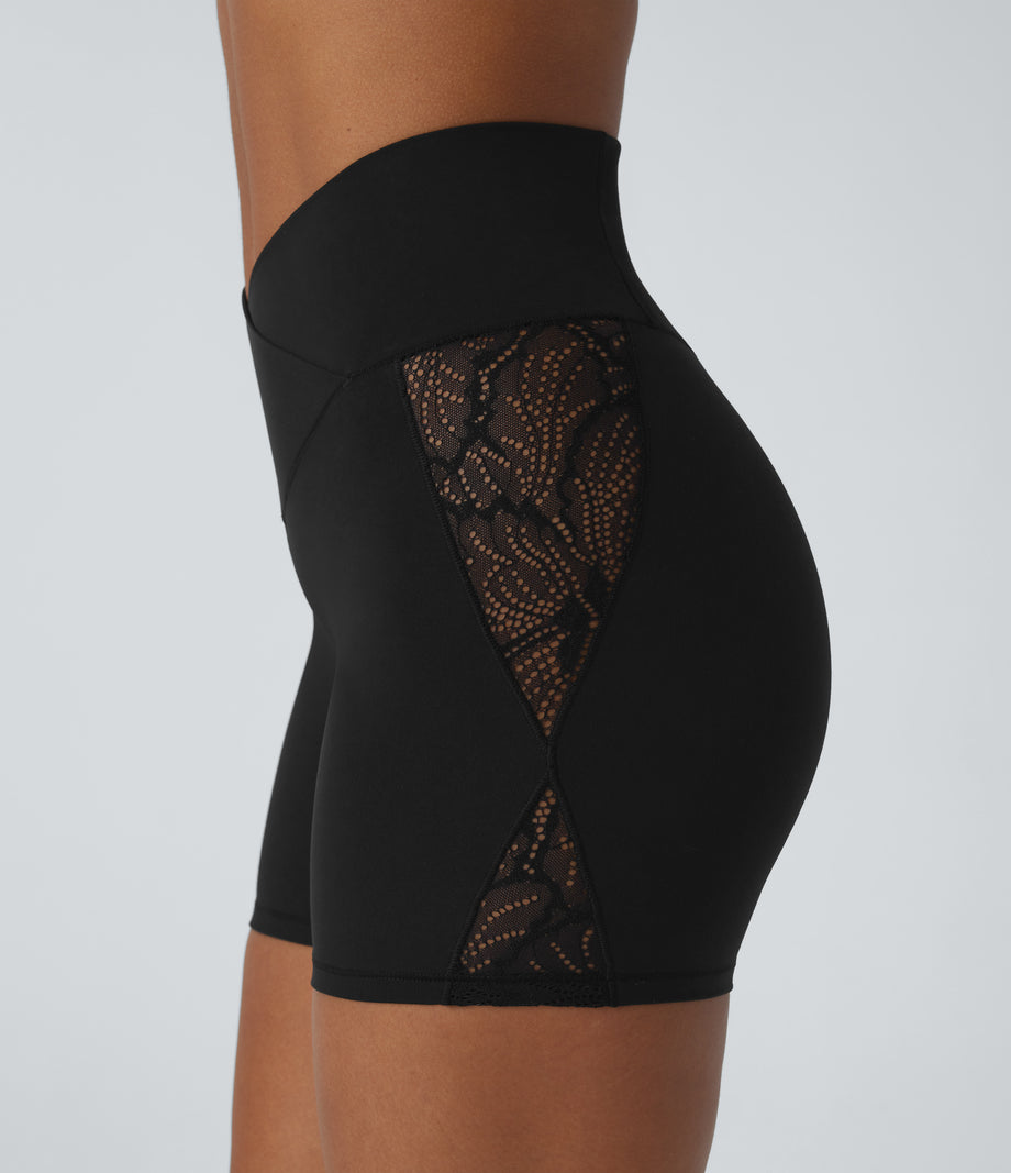 SoftlyZero™ High Waisted Crossover Contrast Lace Pocket Yoga Biker Shorts 5''-UPF50+ - Black